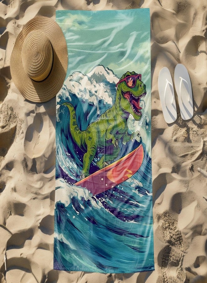 FIicy Funny Dinosaur Beach Towel, Coastal Dino Pool Towels, Surfing Dinosaur Gifts Large Beach Bath Travel Towels for Kids Girls Boys, Funny Surfer Dino Bathroom Accessories Decor, 30x60in - Image 2