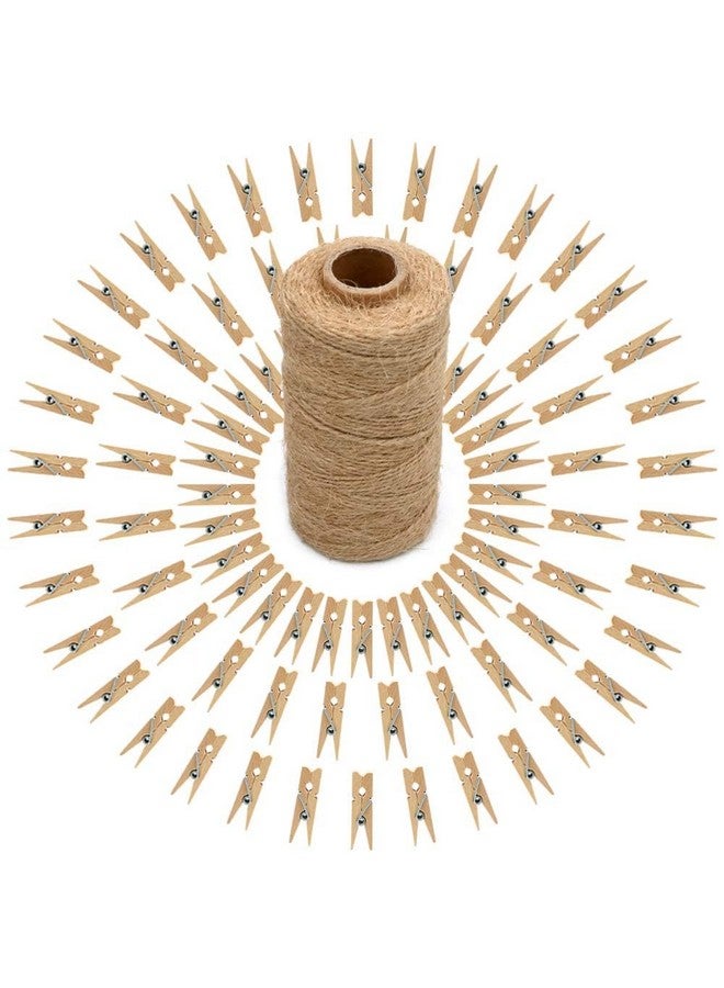 جيجاكرافت مشابك غسيل من jijAcraft، 100 قطعة، مشابك غسيل خشبية شديدة التحمل مقاس 1.4 بوصة مع خيوط الجوت بطول 328 قدمًا، مشابك صور صغيرة لتعليق الصور والملابس والحرف اليدوية والفنون في الهواء الطلق وفي الأماكن المغلقة - Image 1
