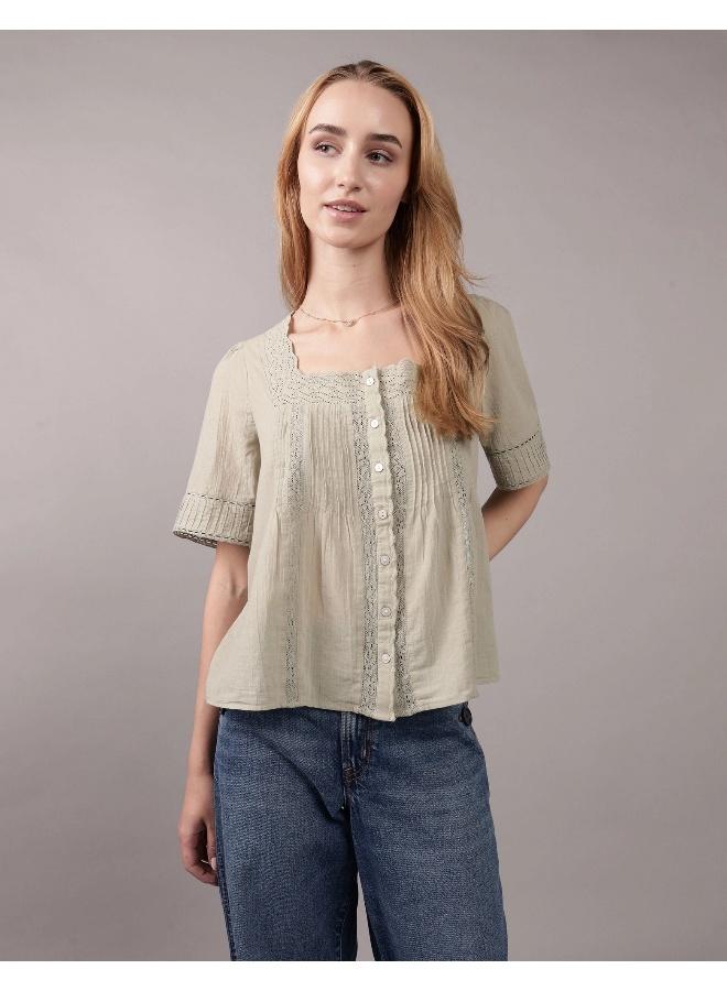 American Eagle AE Square Neck Button-Up Blouse - Image 1