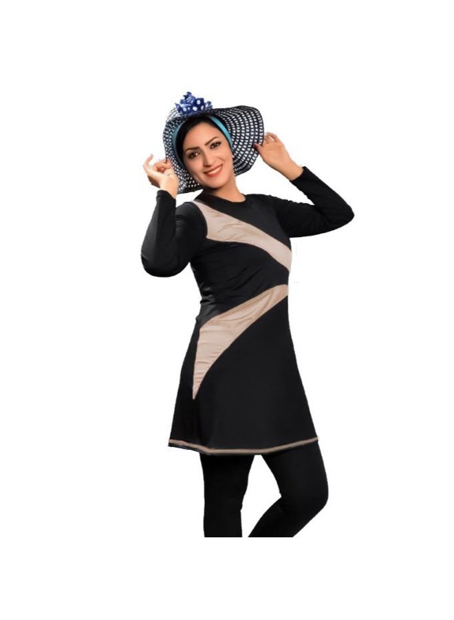 Women's swimsuit, 3 pieces, vest and jumpsuit with sleeves and bonnet