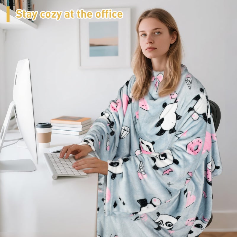 Catalonia Panda Print Wearable Snuggly Blanket With Sleeves  Soft Warm Cozy Fleece Long Throw With Pocket  Perfect For Sleeping & Tv Time  Christmas Gift Ideas For Women And Men - Image 3