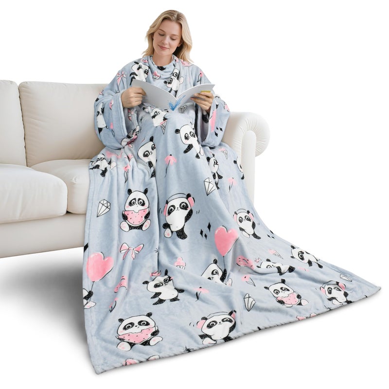 Catalonia Panda Print Wearable Snuggly Blanket With Sleeves  Soft Warm Cozy Fleece Long Throw With Pocket  Perfect For Sleeping & Tv Time  Christmas Gift Ideas For Women And Men - Image 1