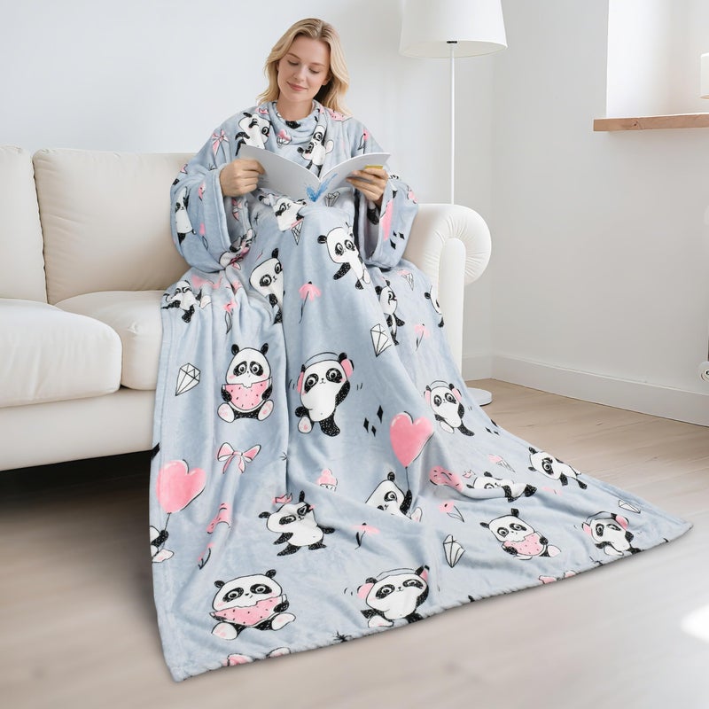 Catalonia Panda Print Wearable Snuggly Blanket With Sleeves  Soft Warm Cozy Fleece Long Throw With Pocket  Perfect For Sleeping & Tv Time  Christmas Gift Ideas For Women And Men - Image 2