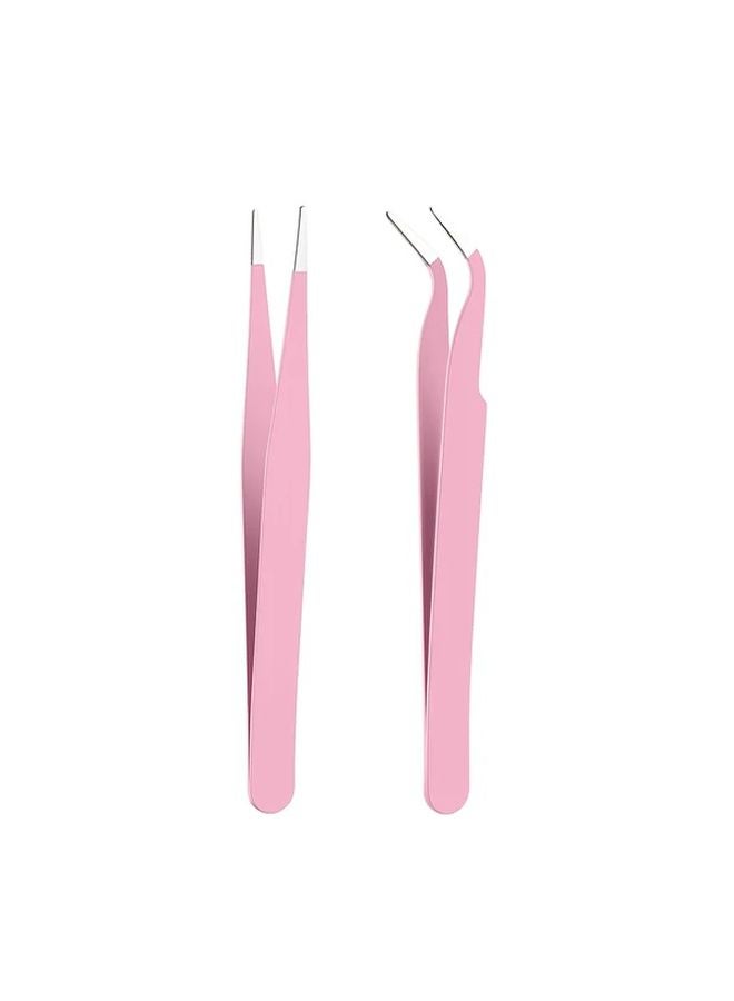 Pink Stainless Steel Precision Tweezers Straight Curved Tips For Crafts Electronics - Image 1