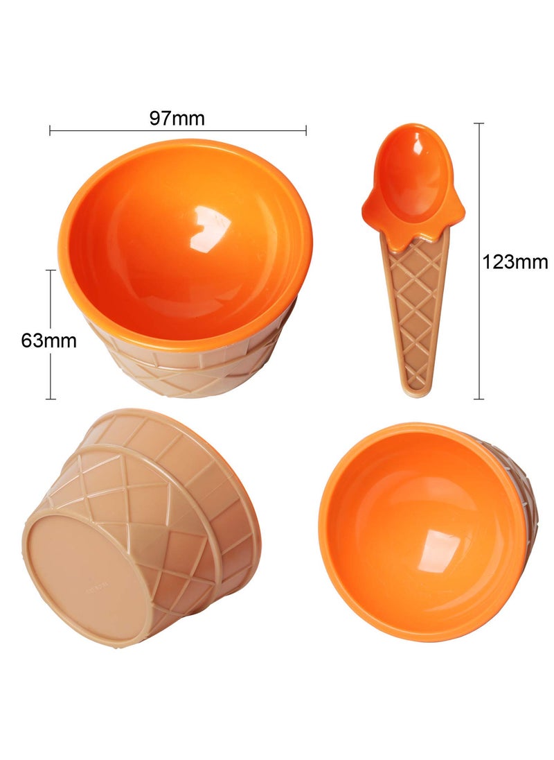 Krishn Kunj Krishn Kunj Set of 6 Ice Cream Dessert Bowls and Matching Spoons Plastic Assorted Cute Colours Pink Lilac Blue Orange Yellow Green Wafer Design Ice Cream Cone Bowl  - Image 4