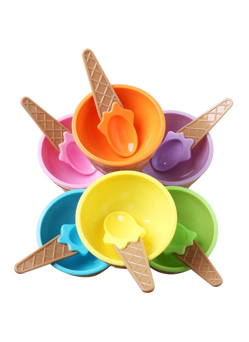 Krishn Kunj Krishn Kunj Set of 6 Ice Cream Dessert Bowls and Matching Spoons Plastic Assorted Cute Colours Pink Lilac Blue Orange Yellow Green Wafer Design Ice Cream Cone Bowl  - Image 3