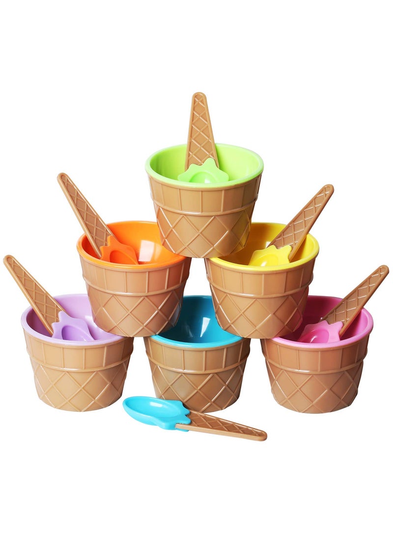 Krishn Kunj Krishn Kunj Set of 6 Ice Cream Dessert Bowls and Matching Spoons Plastic Assorted Cute Colours Pink Lilac Blue Orange Yellow Green Wafer Design Ice Cream Cone Bowl  - Image 1