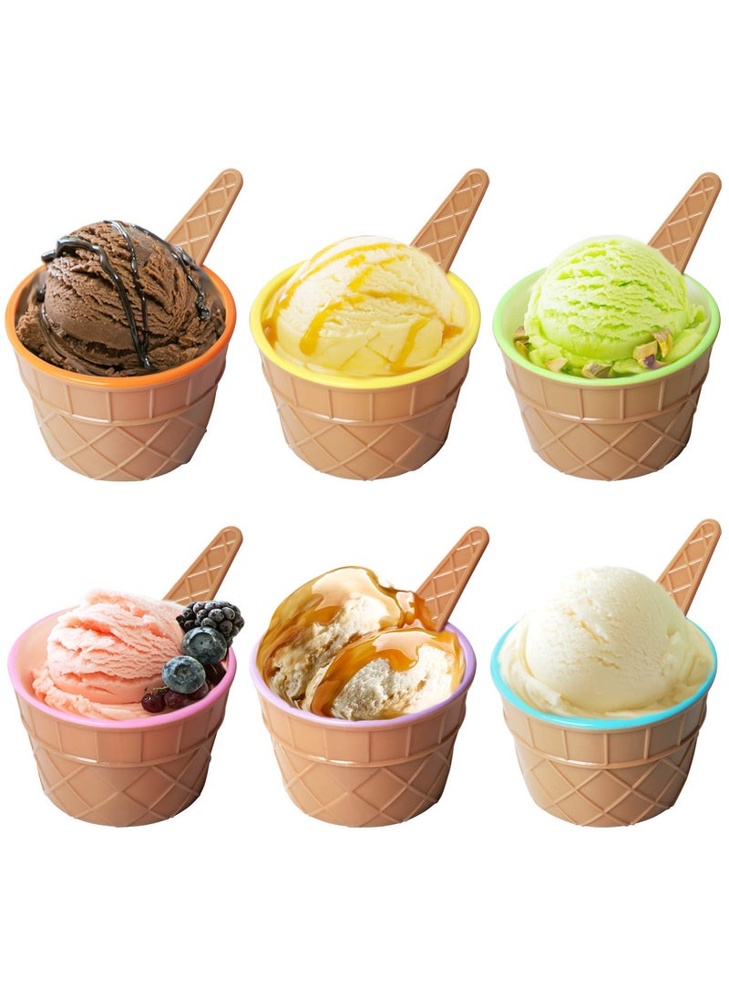 Krishn Kunj Krishn Kunj Set of 6 Ice Cream Dessert Bowls and Matching Spoons Plastic Assorted Cute Colours Pink Lilac Blue Orange Yellow Green Wafer Design Ice Cream Cone Bowl  - Image 5