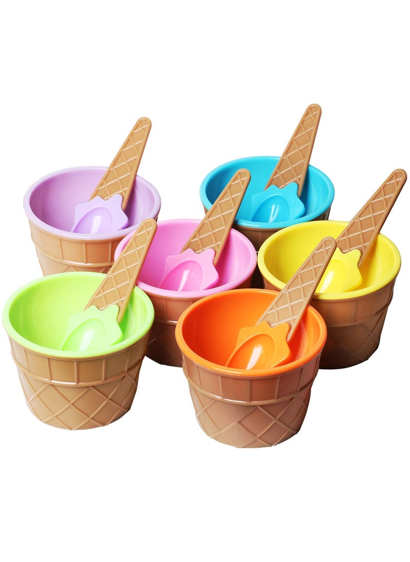 Krishn Kunj Krishn Kunj Set of 6 Ice Cream Dessert Bowls and Matching Spoons Plastic Assorted Cute Colours Pink Lilac Blue Orange Yellow Green Wafer Design Ice Cream Cone Bowl  - Image 2