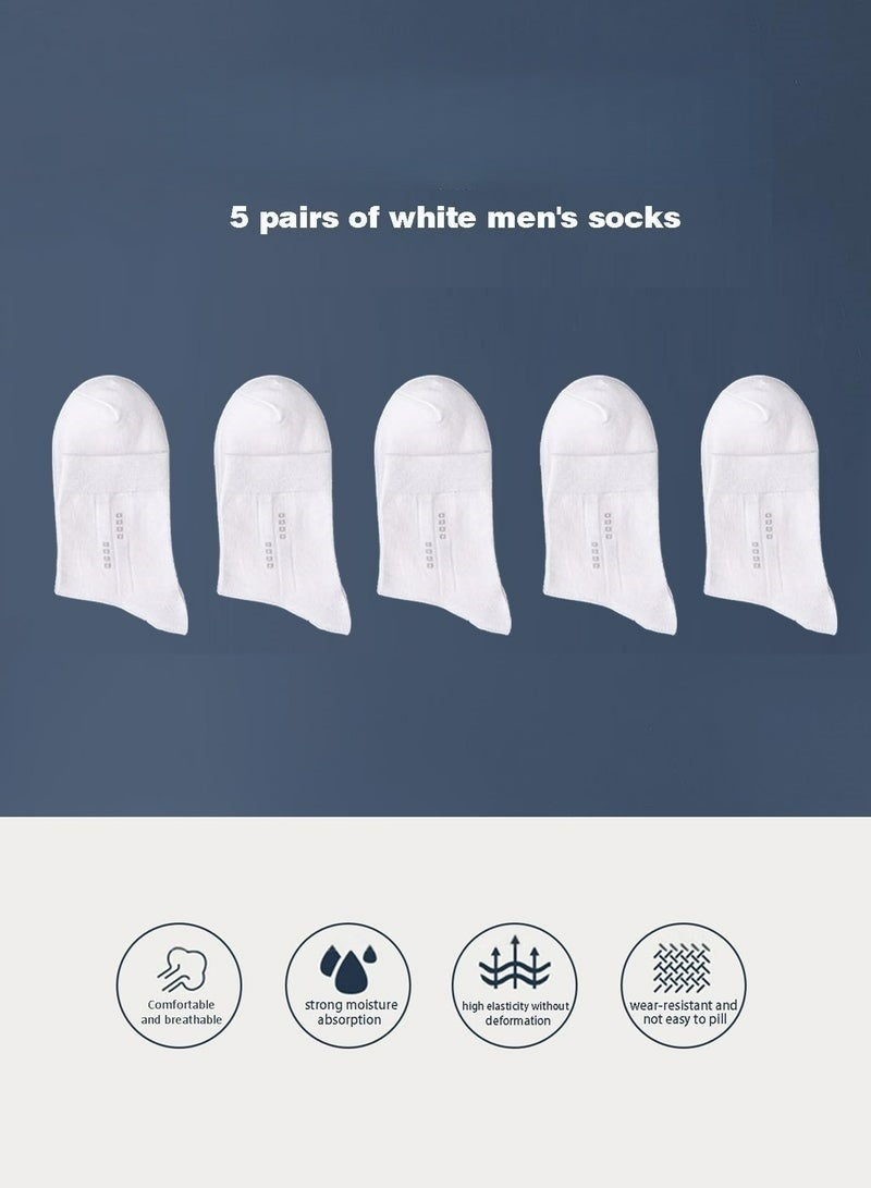 5 Pairs Men's Cotton Crew Socks Mid Calf Dress Socks Moisture Wicking Breathable All Season Striped Pattern Business Casual Work Office Daily Wear Soft Comfortable Pure White Color Socks For Men - Image 4