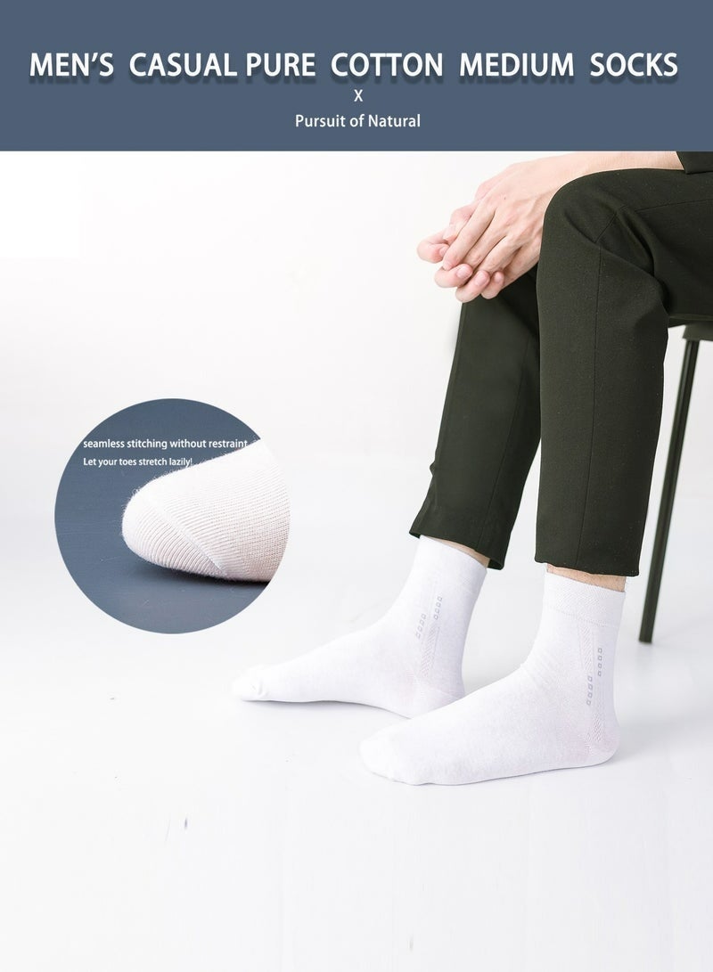 5 Pairs Men's Cotton Crew Socks Mid Calf Dress Socks Moisture Wicking Breathable All Season Striped Pattern Business Casual Work Office Daily Wear Soft Comfortable Pure White Color Socks For Men - Image 2