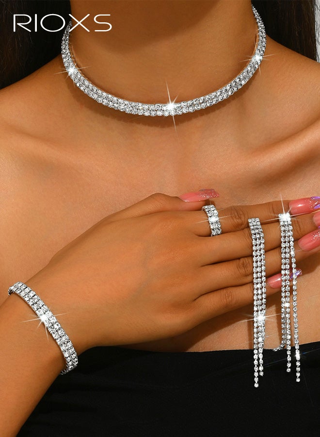 RIOXS 4Pcs Silver Wedding Jewelry Sets for Brides, Rhinestone Bridal Prom Costume Formal Jewelry Set for Wedding, Cubic Zirconia Tennis Bracelets Necklaces Ring and Earings for Bridesmaid Guest Dresses Accessories - Image 2