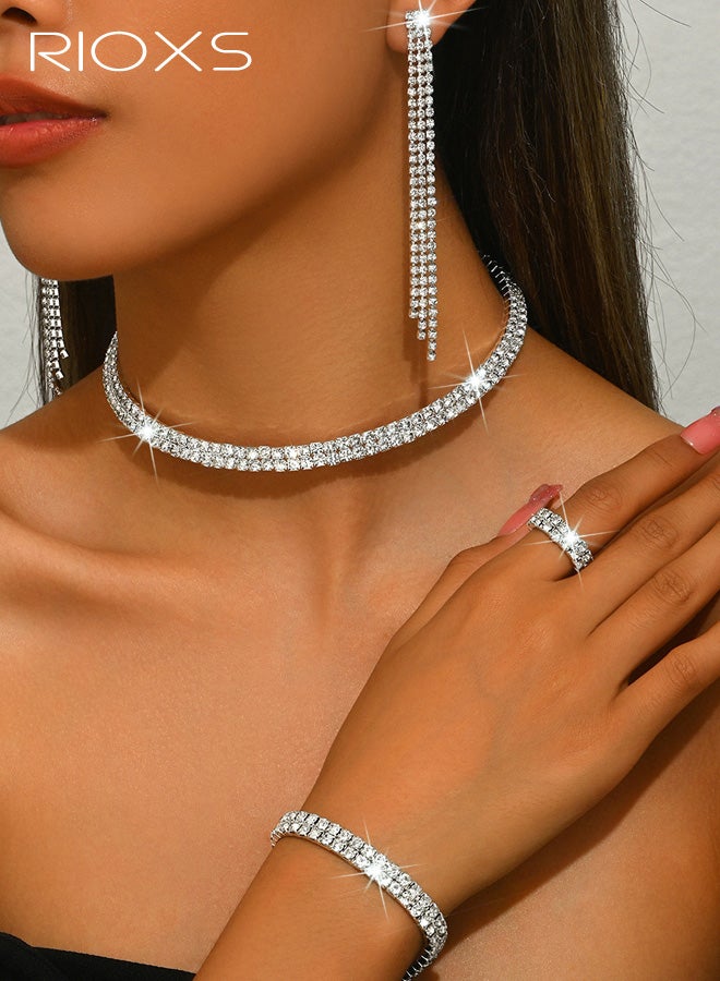 RIOXS 4Pcs Silver Wedding Jewelry Sets for Brides, Rhinestone Bridal Prom Costume Formal Jewelry Set for Wedding, Cubic Zirconia Tennis Bracelets Necklaces Ring and Earings for Bridesmaid Guest Dresses Accessories - Image 1