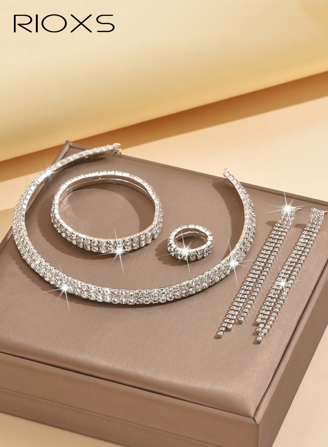 RIOXS 4Pcs Silver Wedding Jewelry Sets for Brides, Rhinestone Bridal Prom Costume Formal Jewelry Set for Wedding, Cubic Zirconia Tennis Bracelets Necklaces Ring and Earings for Bridesmaid Guest Dresses Accessories - Image 3
