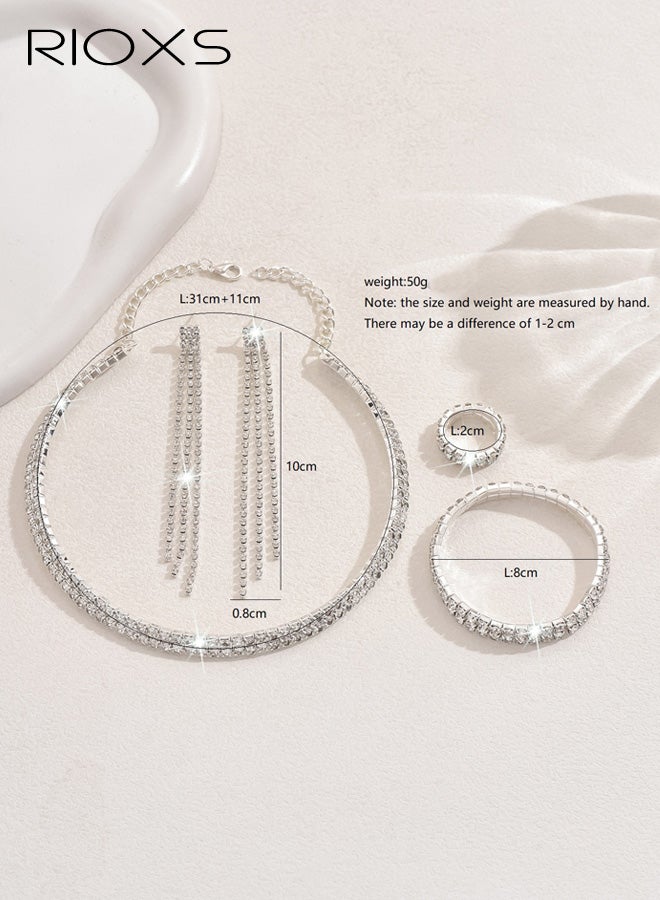 RIOXS 4Pcs Silver Wedding Jewelry Sets for Brides, Rhinestone Bridal Prom Costume Formal Jewelry Set for Wedding, Cubic Zirconia Tennis Bracelets Necklaces Ring and Earings for Bridesmaid Guest Dresses Accessories - Image 5