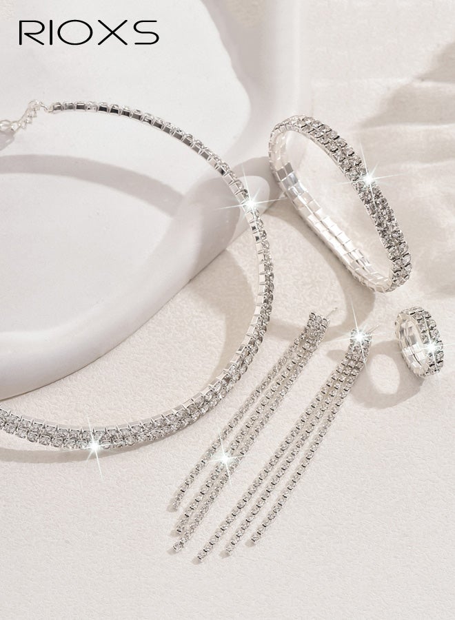 RIOXS 4Pcs Silver Wedding Jewelry Sets for Brides, Rhinestone Bridal Prom Costume Formal Jewelry Set for Wedding, Cubic Zirconia Tennis Bracelets Necklaces Ring and Earings for Bridesmaid Guest Dresses Accessories - Image 4