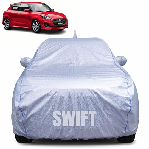CABIUS 100% Waterproof Car Body Cover for Maruti Suzuki Swift (2012-2017) with Mirror Pocket, Heat & UV Resistant, Triple Stitched, Soft Lining, Bottom Elastic & Piping (Silver Reflective) - Image 1