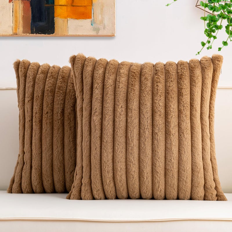 Aegero Pack of 2 Faux Fur Christmas Throw Pillow Covers 18x18 Inch, Soft Plush Striped Neutral Couch Pillow Cover, with Velvet Back Modern Home Decor for Sofa Living Room Couch Bed Coffee - Image 1