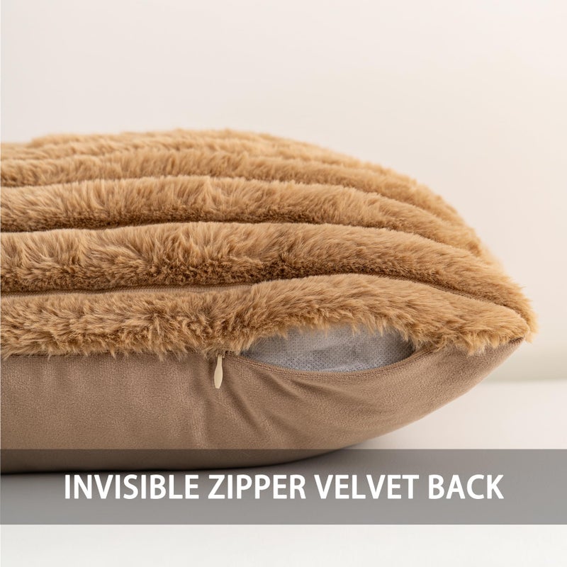 Aegero Pack of 2 Faux Fur Christmas Throw Pillow Covers 18x18 Inch, Soft Plush Striped Neutral Couch Pillow Cover, with Velvet Back Modern Home Decor for Sofa Living Room Couch Bed Coffee - Image 3