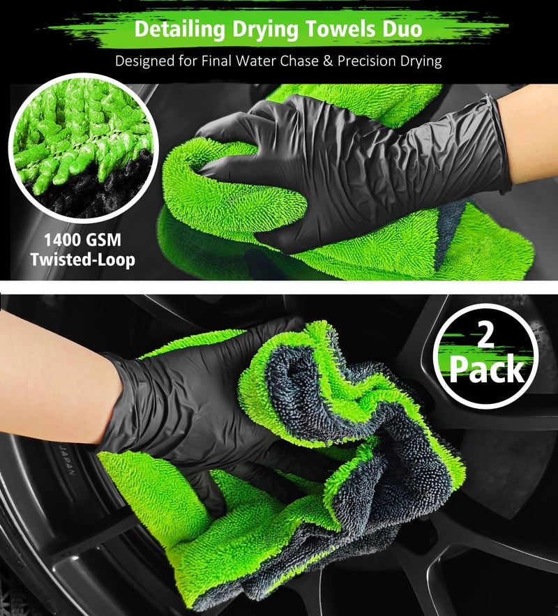 YeewayVeh 2-Pack 16"x16" Car Detailing Drying Towels, 1400 GSM Microfiber Drying Towels, for Final Water Chasing, Safe Drying of Gaps, Mirrors & Vehicle Interiors, Green - Image 2