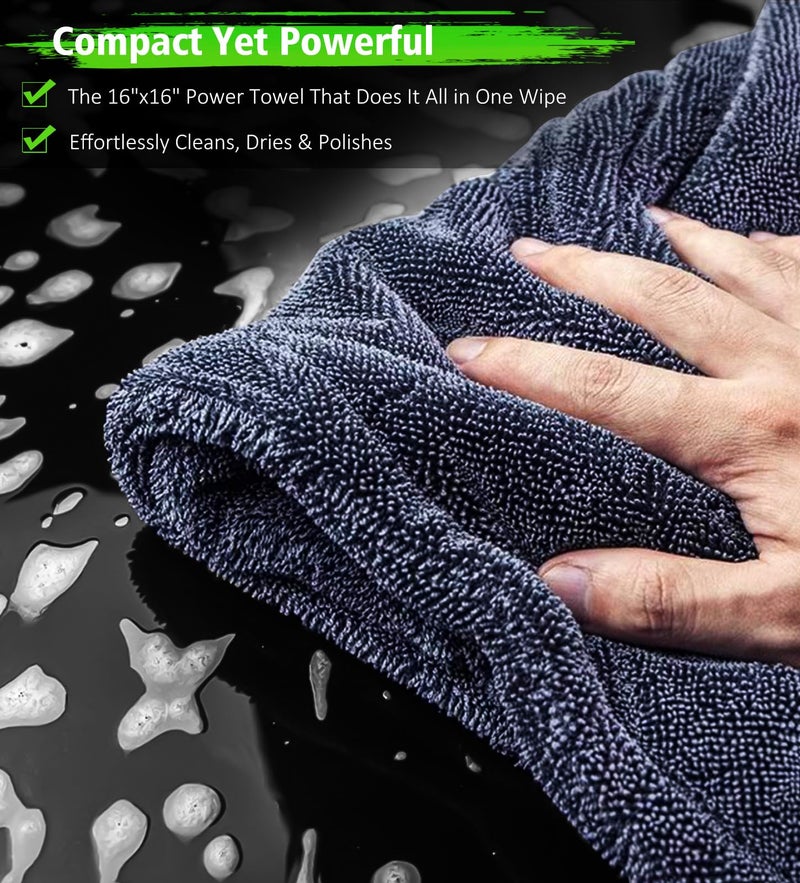 YeewayVeh 2-Pack 16"x16" Car Detailing Drying Towels, 1400 GSM Microfiber Drying Towels, for Final Water Chasing, Safe Drying of Gaps, Mirrors & Vehicle Interiors, Green - Image 3