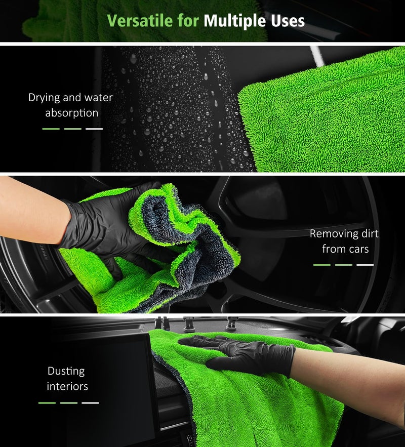 YeewayVeh 2-Pack 16"x16" Car Detailing Drying Towels, 1400 GSM Microfiber Drying Towels, for Final Water Chasing, Safe Drying of Gaps, Mirrors & Vehicle Interiors, Green - Image 5