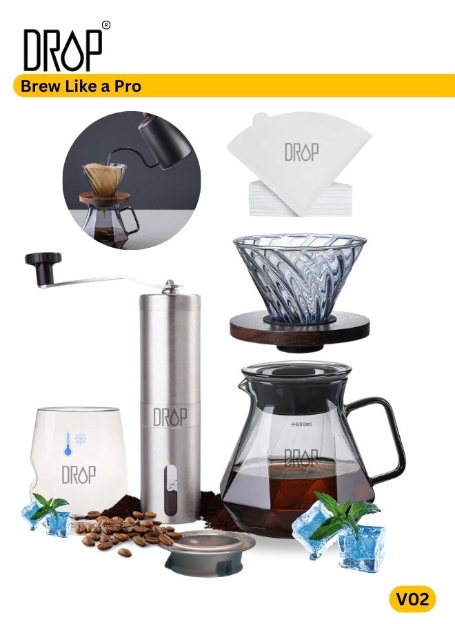 Drop - Diamond Cut V60 Coffee set 600ml Glass Server, New Shape Dripper with Wooden Base, 100 Paper Filters, Adjustable Manual Coffee Grinder, and Cold Coffee Glass for drip coffee maker - Image 1