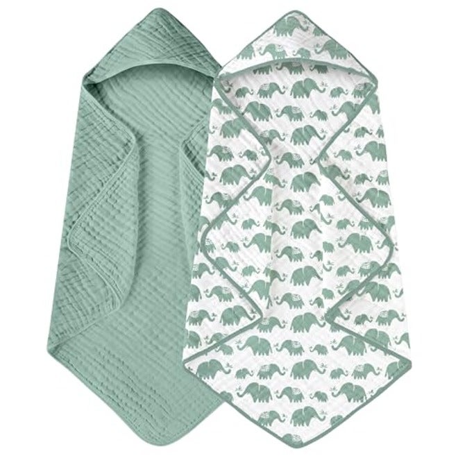Yoofoss Hooded Baby Bath Towels 2 Pack - 100% Muslin Organic Cotton, Soft & Absorbent for Newborn, Babies, Toddlers, 32x32 Inch, Beige & Coffee