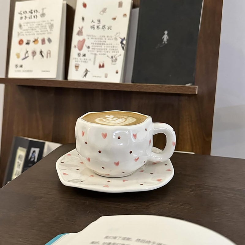 Koythin Ceramic Coffee Mug with Saucer Set, Cute Red Heart Dots Cup Unique Irregular Design for Office and Home, 10 oz/300 ml for Latte Tea Milk
