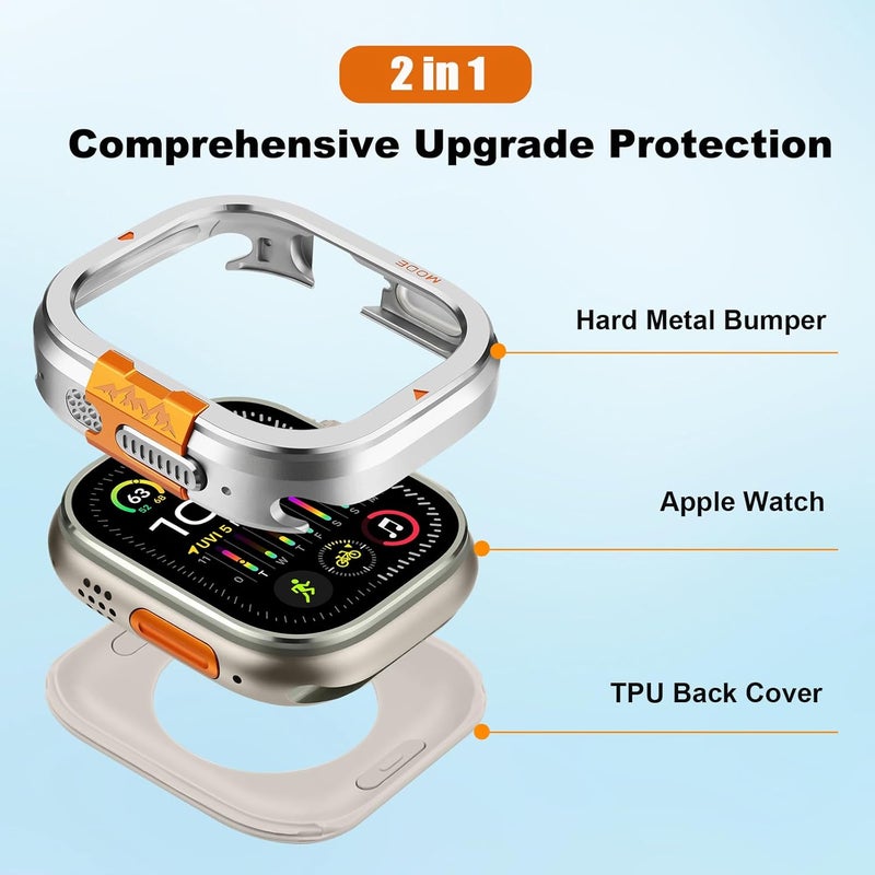 Suphart 2 in-1 Metal Cover Compatible with Apple Watch Ultra 2/1 Case 49mm, Rugged Bumper with Back Protector for iWatch Ultra 49mm, Silver - Image 2
