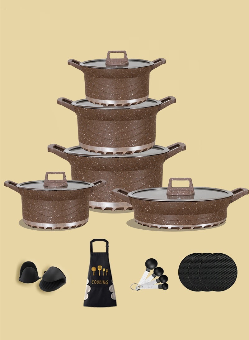 HK 20-Piece Nonstick Cookware Set, 20-24-28-32cm Deep Stockpots + 28cm Shallow Stockpot with Glass Lids, Anti-Scalding Clips, Apron, Insulating Pads & Measuring Spoons (PFOA-Free, Brown) - Image 1