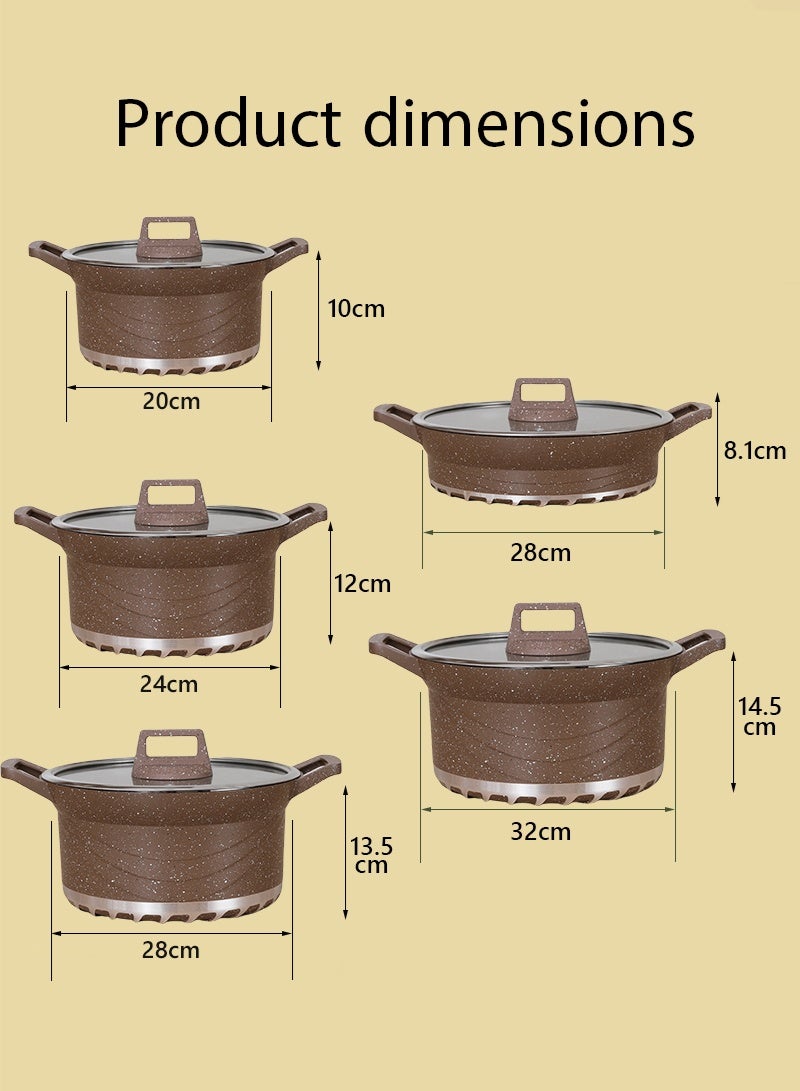 HK 20-Piece Nonstick Cookware Set, 20-24-28-32cm Deep Stockpots + 28cm Shallow Stockpot with Glass Lids, Anti-Scalding Clips, Apron, Insulating Pads & Measuring Spoons (PFOA-Free, Brown) - Image 4