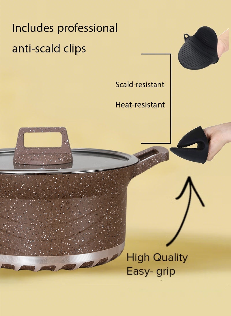 HK 20-Piece Nonstick Cookware Set, 20-24-28-32cm Deep Stockpots + 28cm Shallow Stockpot with Glass Lids, Anti-Scalding Clips, Apron, Insulating Pads & Measuring Spoons (PFOA-Free, Brown) - Image 3