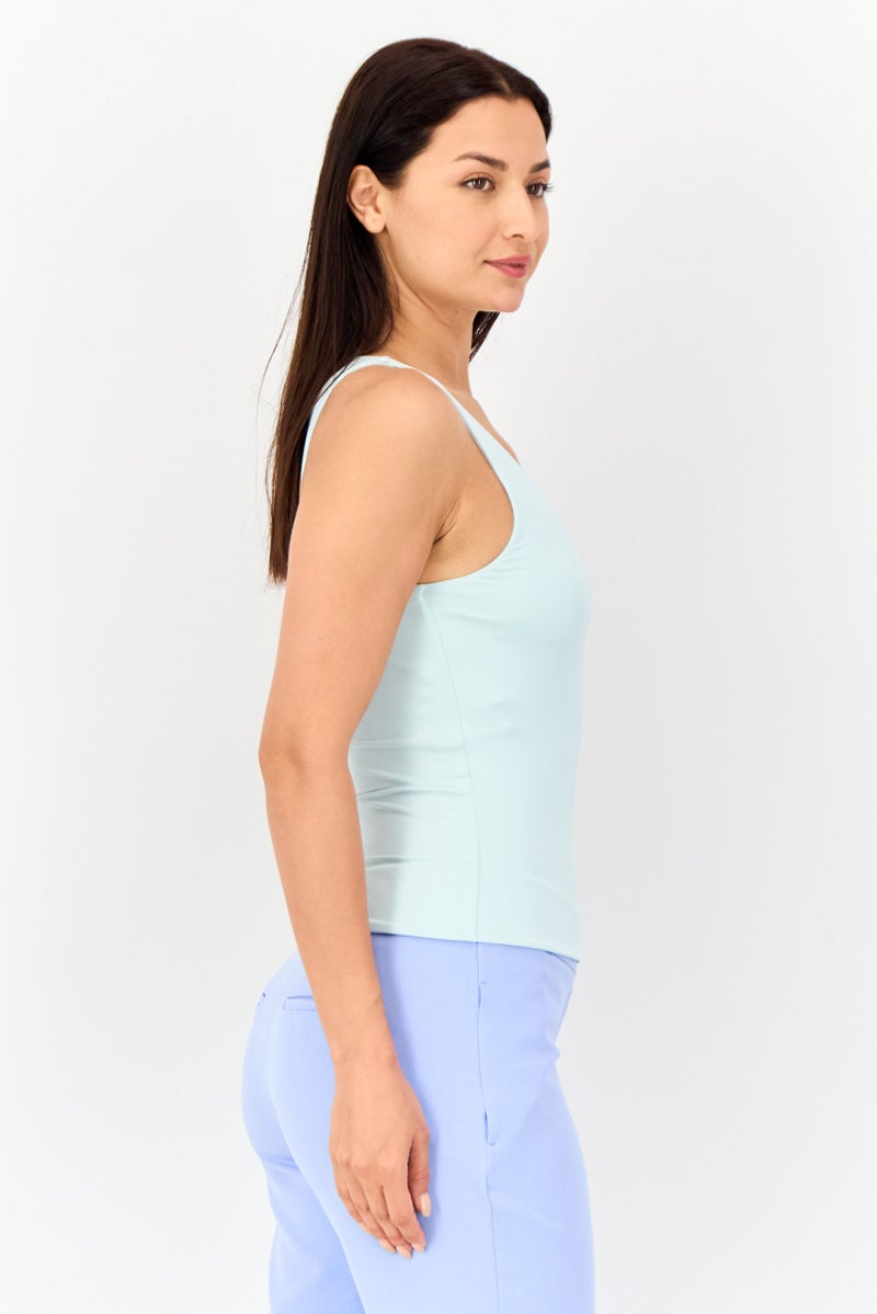 bebe Women V Neck Sleeveless Solid Tank Top, Light Blue  - Image 4