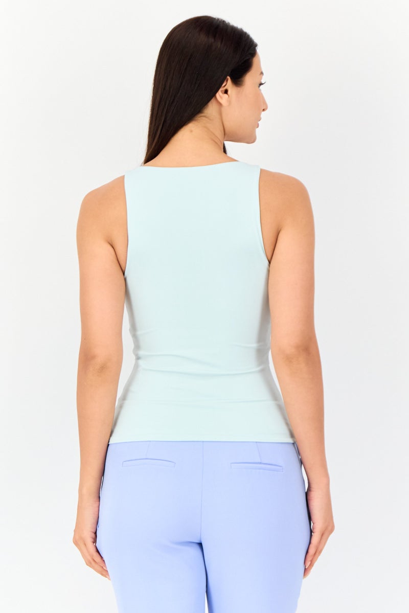 bebe Women V Neck Sleeveless Solid Tank Top, Light Blue  - Image 3