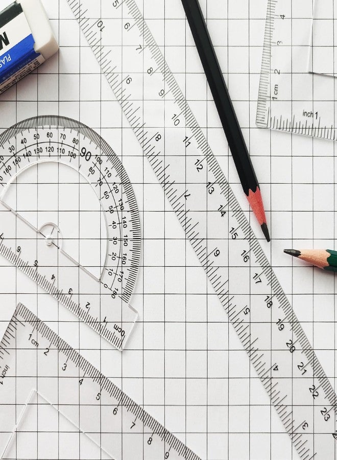 مجموعة أدوات هندسية شفافة، مسطرة 12 بوصة، 4 قطع للقياس والرسم، مسطرة بلاستيكية شفافة مستقيمة، مساطر مثلثة، منقلة، لوازم مكتبية مدرسية للطلاب، وحدات قياس إمبراطورية ومترية - Image 5