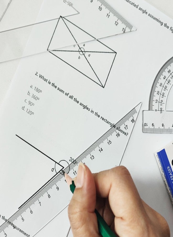 مجموعة أدوات هندسية شفافة، مسطرة 12 بوصة، 4 قطع للقياس والرسم، مسطرة بلاستيكية شفافة مستقيمة، مساطر مثلثة، منقلة، لوازم مكتبية مدرسية للطلاب، وحدات قياس إمبراطورية ومترية - Image 3