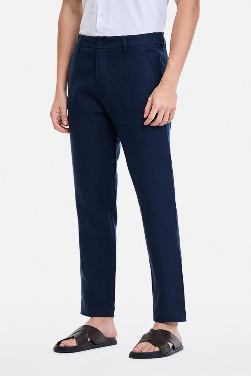 SNITCH Navy Blue Solid Regular Fit Trousers