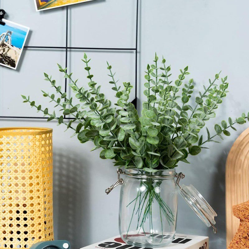 ABAJI Plastic Eucalyptus Wine Red Stems 12 PCS Fake Faux Decorations with Artificial Leaves Greenery Plant Leaf Suitable Home Office House Table Desk Decor Wedding Party Vase Forever Live - Image 3