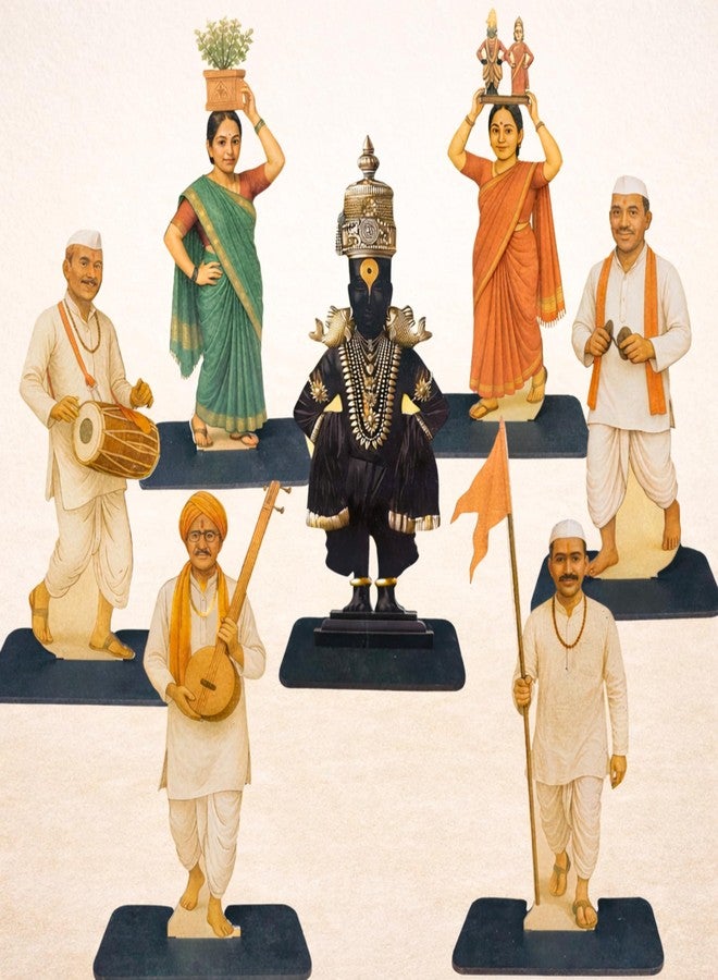 DIGI ART'S Digi Arts Varkari Wari Standee Set | MDF Cutout Figurines of Vithal and 6 Varkari | 8 Inch Decorative Standies for Ganpati Decor, Wari Theme, Mandir & Festival Decoration (Set of 7) - Image 1