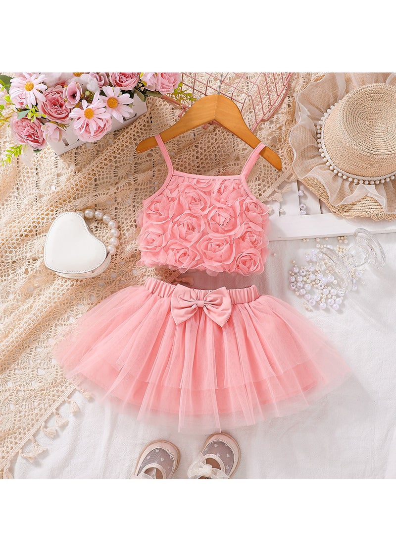 طقم توب وردي بتطريز ورود وتنورة تول منفوشة للبنات عمر 2–3 سنوات (100 سم) – مثالي لحفلات أعياد الميلاد، احتفالات العيد، التجمعات العائلية والخروج للمول - Image 1