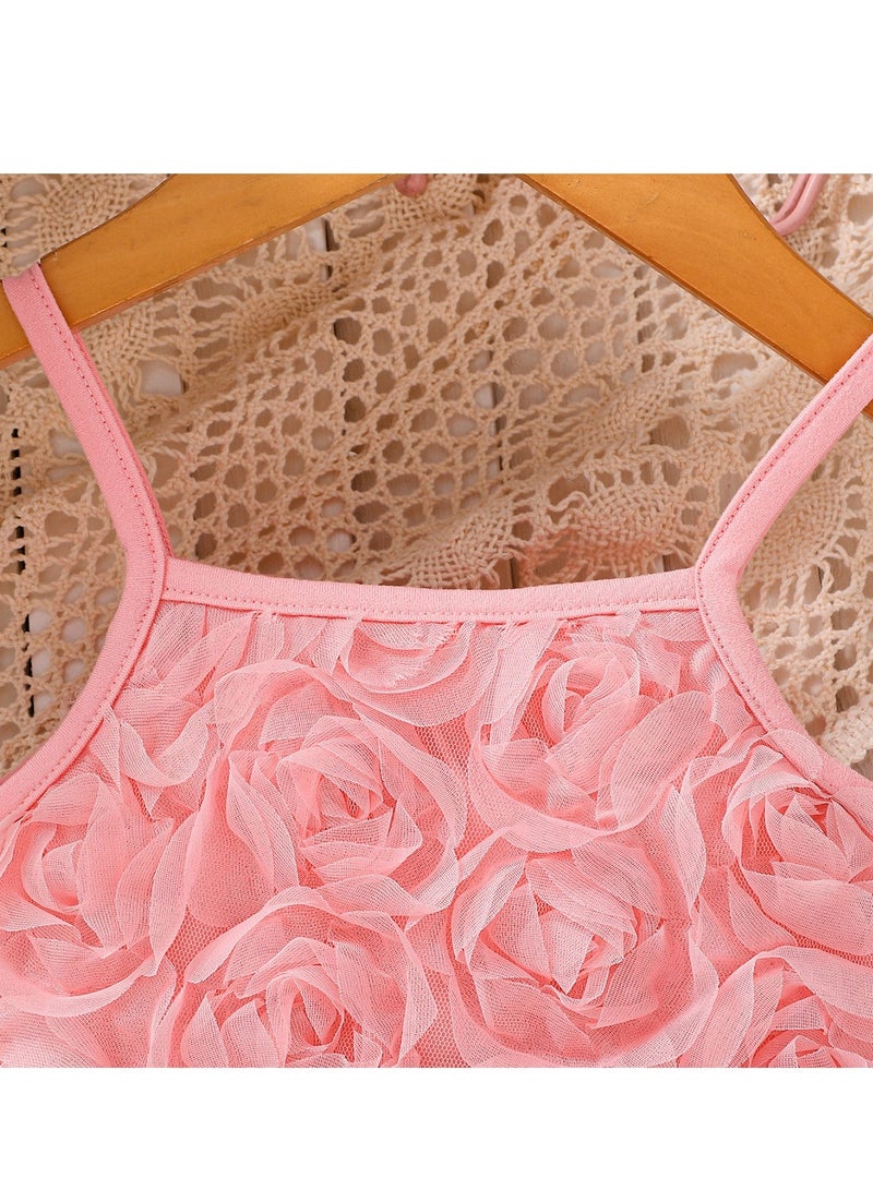 طقم توب وردي بتطريز ورود وتنورة تول منفوشة للبنات عمر 2–3 سنوات (100 سم) – مثالي لحفلات أعياد الميلاد، احتفالات العيد، التجمعات العائلية والخروج للمول - Image 3