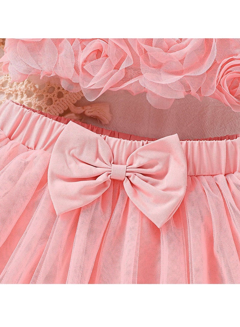 طقم توب وردي بتطريز ورود وتنورة تول منفوشة للبنات عمر 2–3 سنوات (100 سم) – مثالي لحفلات أعياد الميلاد، احتفالات العيد، التجمعات العائلية والخروج للمول - Image 4