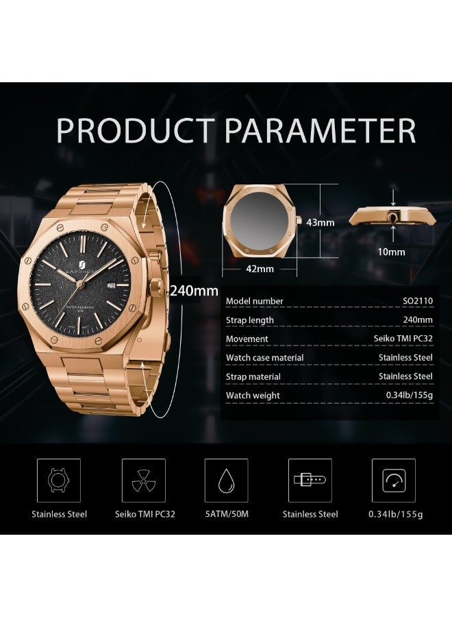SAPPHERO Men's Watch Octagonal Stainless Steel Luminous Wristwatch Luxury Analog Quartz Watch for Men with Date Elegant Mens - Image 2