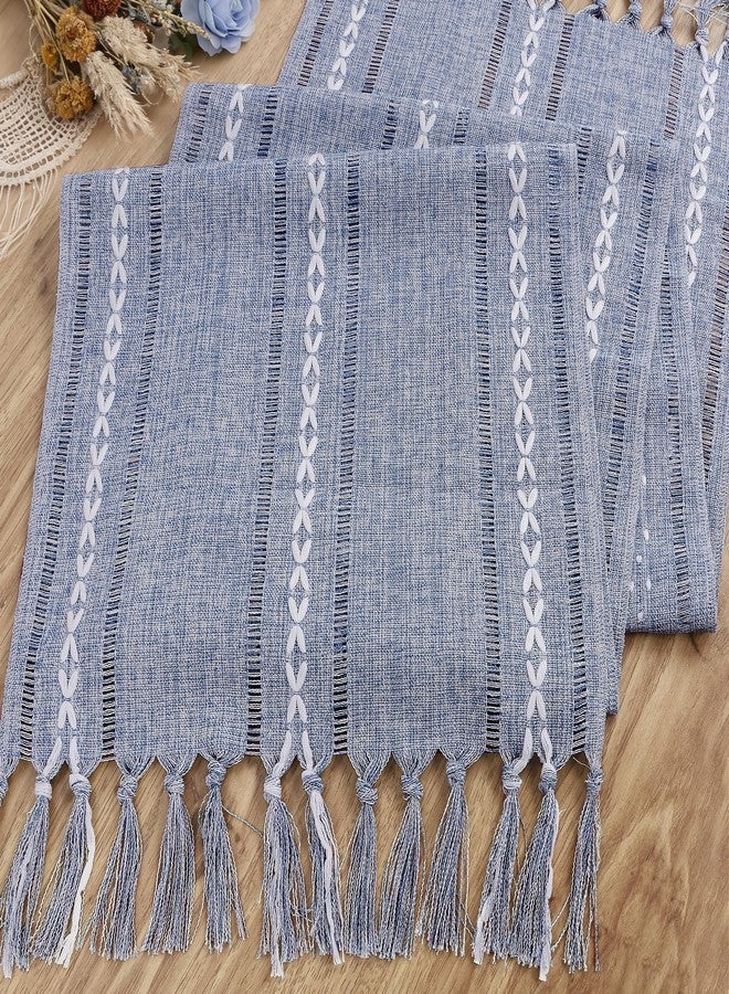 tiosggd Dusty Blue Table Runner 15 x 72 Inches, Spring Summer Cotton Linen Farmhouse Dresser Runner Cover Top, Rustic Blue and White Coastal Table Decor for Dining Room, Kitchen, Wedding, Party, Home Decor - Image 3