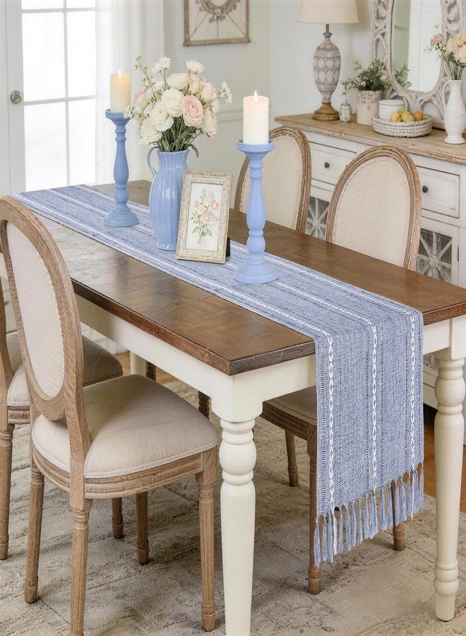 tiosggd Dusty Blue Table Runner 15 x 72 Inches, Spring Summer Cotton Linen Farmhouse Dresser Runner Cover Top, Rustic Blue and White Coastal Table Decor for Dining Room, Kitchen, Wedding, Party, Home Decor - Image 2