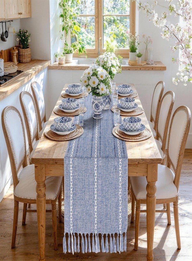 tiosggd Dusty Blue Table Runner 15 x 72 Inches, Spring Summer Cotton Linen Farmhouse Dresser Runner Cover Top, Rustic Blue and White Coastal Table Decor for Dining Room, Kitchen, Wedding, Party, Home Decor - Image 1