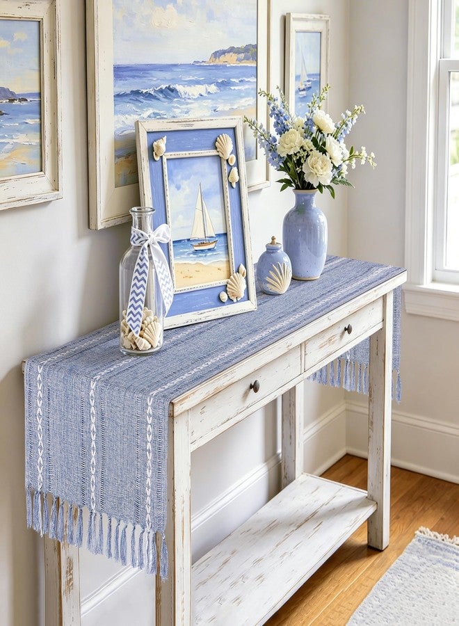 tiosggd Dusty Blue Table Runner 15 x 72 Inches, Spring Summer Cotton Linen Farmhouse Dresser Runner Cover Top, Rustic Blue and White Coastal Table Decor for Dining Room, Kitchen, Wedding, Party, Home Decor - Image 4