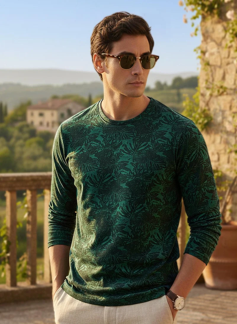 Urbano Fashion Men's Dark Green Printed Full Sleeve Slim Fit Cotton T-Shirt