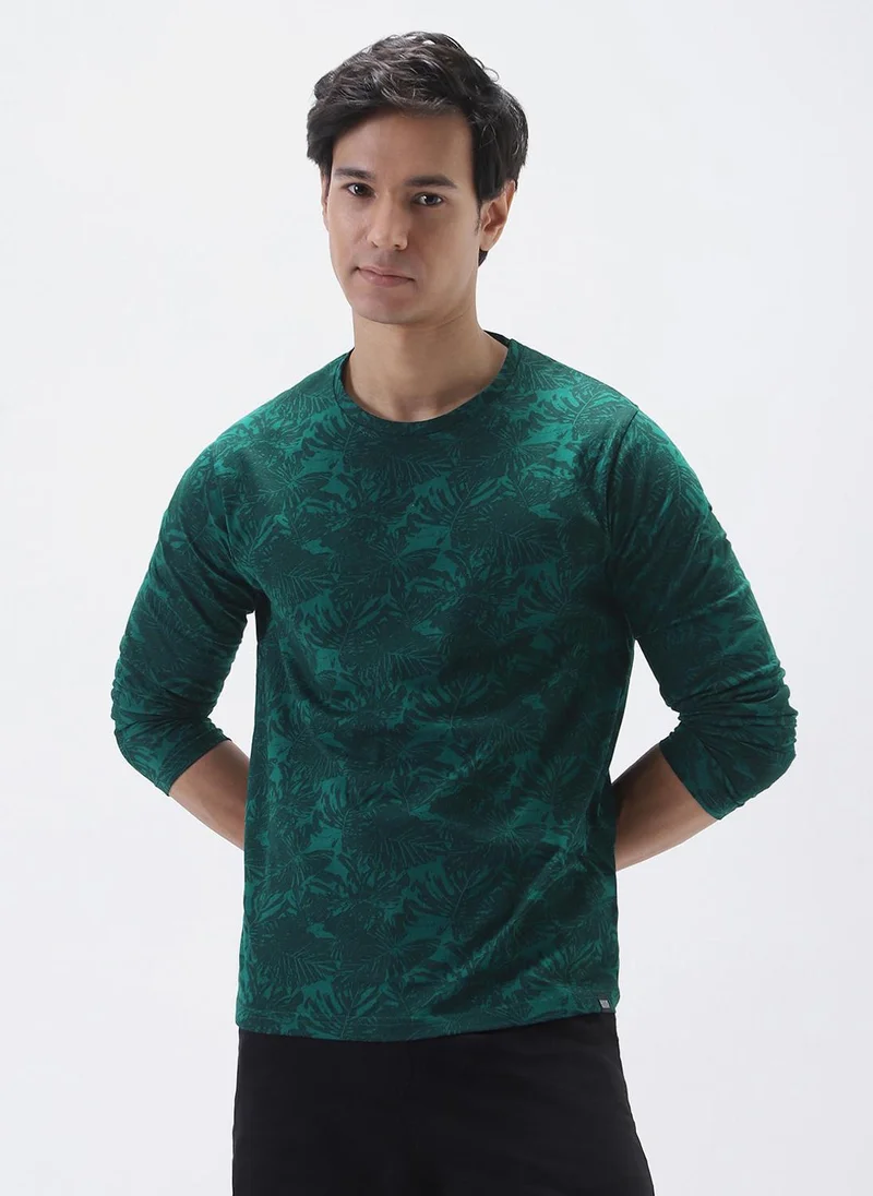 Urbano Fashion Men's Dark Green Printed Full Sleeve Slim Fit Cotton T-Shirt